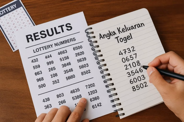 Orang menulis angka keluaran togel di buku catatan sambil melihat lembar hasil undian lotre dengan daftar angka