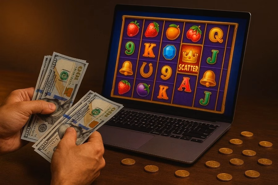 Pemain menghitung uang sambil melihat permainan slot online di laptop