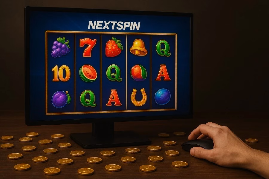 Tampilan game slot Nextspin dengan simbol berwarna dan koin emas di sekitar meja