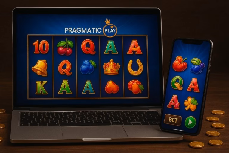Tampilan game slot Pragmatic Play di laptop dan ponsel dengan simbol warna-warni dan koin emas